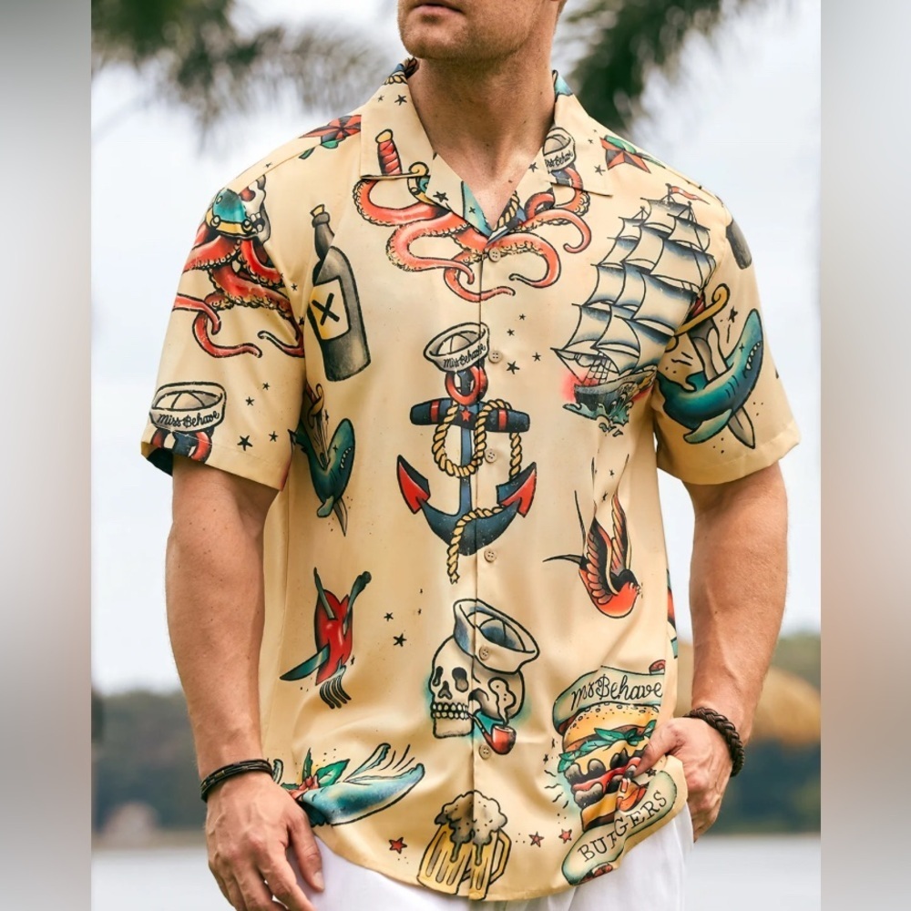 NWT, Hardaddy, Hardaddy Mens Hawaiian Sailing Print Camp Collar Loose Polo, L